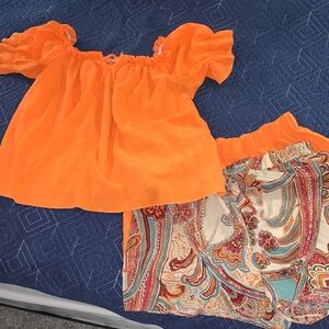 Orange Off-Shoulder Top and Paisley Shorts Set